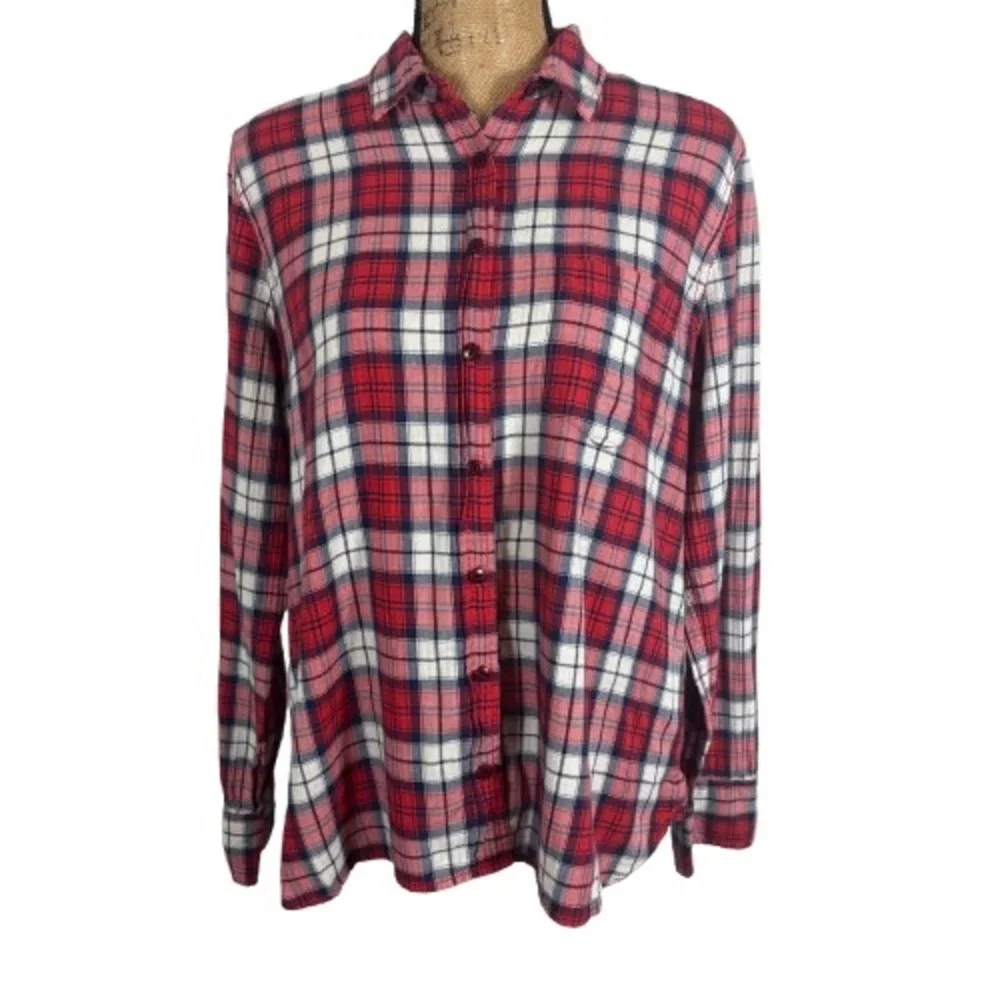 J.Crew Shrunken Boy Shirt Cerise Plaid Red Navy Cotton Flannel Cabincore Size 12